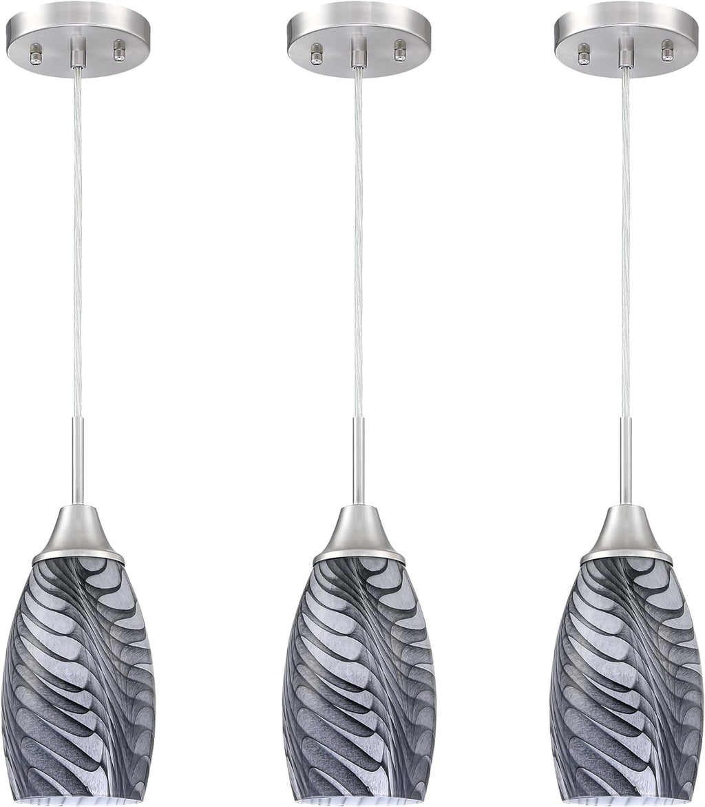 Viinew Mini Glass Pendant Light 4.72" with Handblown Black Gray Marble Art Glass Hanging Light 3-Pack Oval Ceiling Hanging Light Fixture for Dining Room Kitchen Island Cafe Foyer Hallway