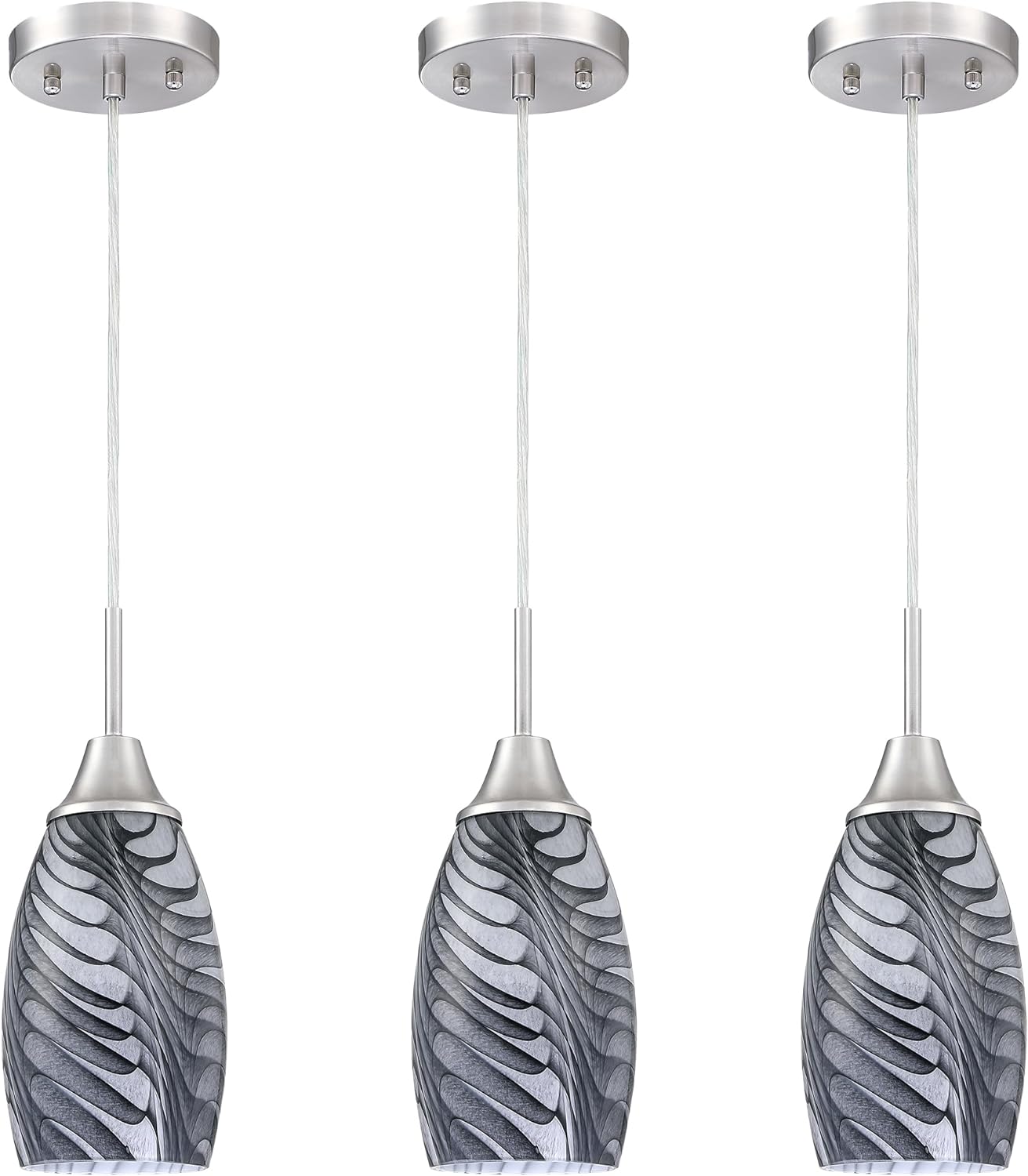 Viinew Mini Glass Pendant Light 4.72" with Handblown Black Gray Marble Art Glass Hanging Light 3-Pack Oval Ceiling Hanging Light Fixture for Dining Room Kitchen Island Cafe Foyer Hallway