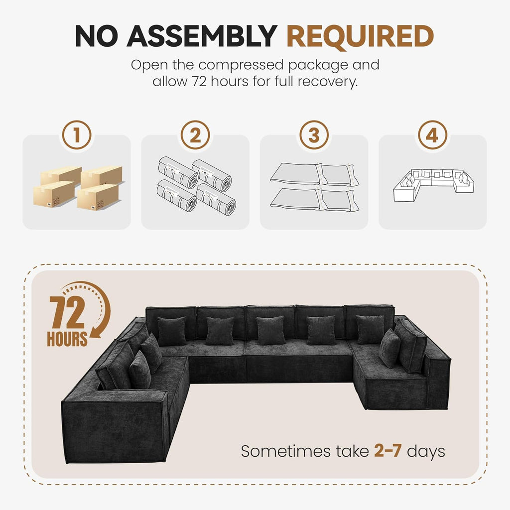 167'' Boneless Chenille U Shaped Couch, Oversized Modular Sectional 8 Seater Sofa, Modern Deep Seat Corner Cloud Compressed Couch, No Assembly Sleeper Sofa with Chaise for Living Room, Black