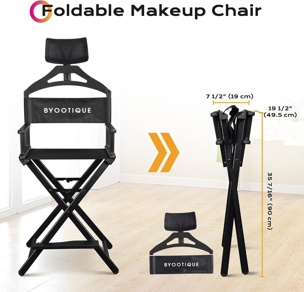 BYOOTIQUE Makeup Artist Stool Chair Protable 28" Height Tall Folding Directors Chair Aluminum Makeup Chair with Head Rest for Wedding Hair Stylist Studio Salon Vanity Craft Show, Black
