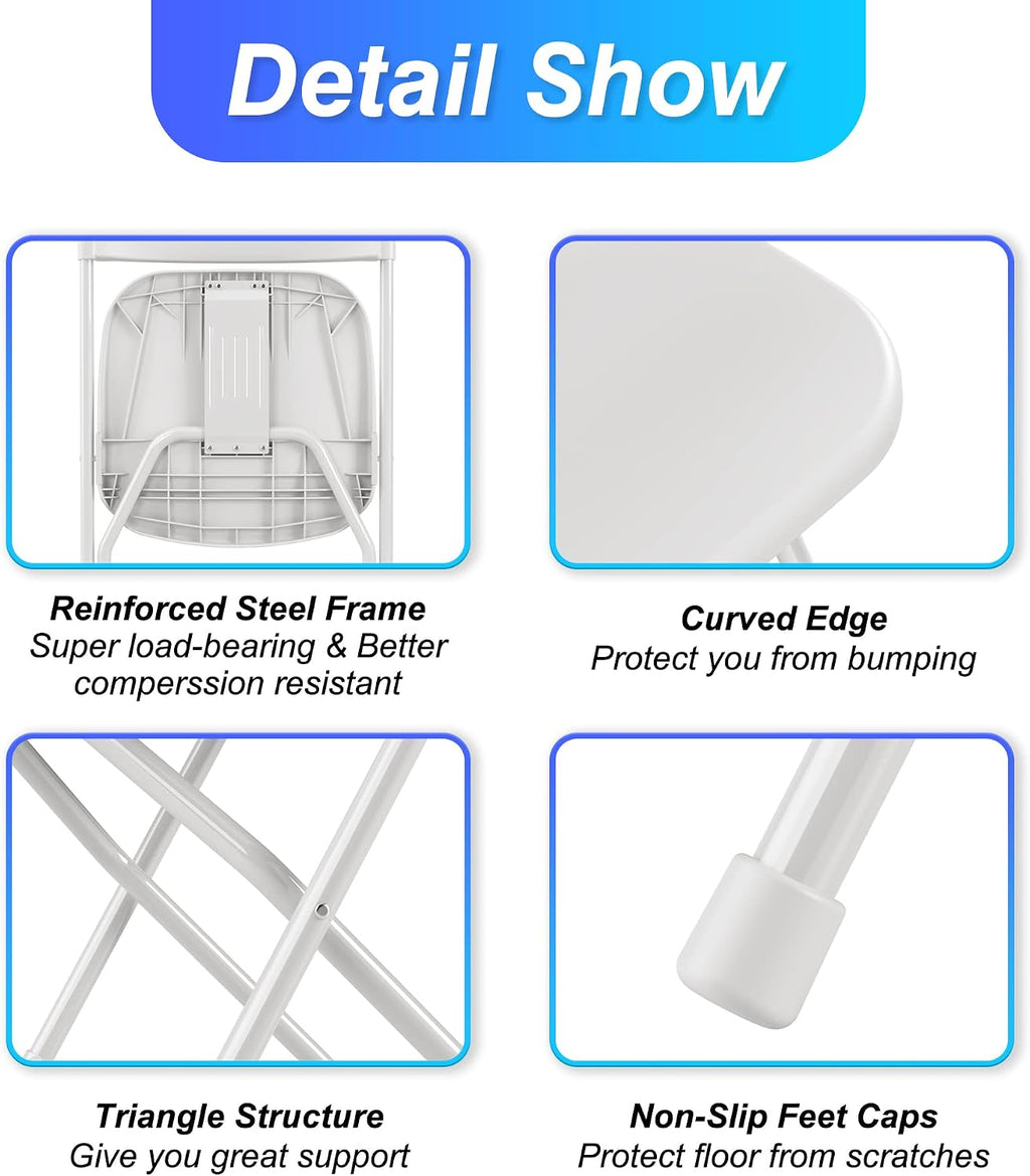 Allpop 10 Pack Plastic Folding Chair, 300lb Capacity, Portable Commercial Chair Seat with Steel Frame for Wedding Party Office Indoor Outdoor Events, Stackable, White