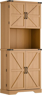 Cozy Castle 74" Farmhouse Pantry Cabinet with Charging Station, Tall Kitchen Storage Hutch Cabinet Coffee Bar Workstation, Sideboard Buffet Cupboard for Dining Room Living Room Furniture, Oak