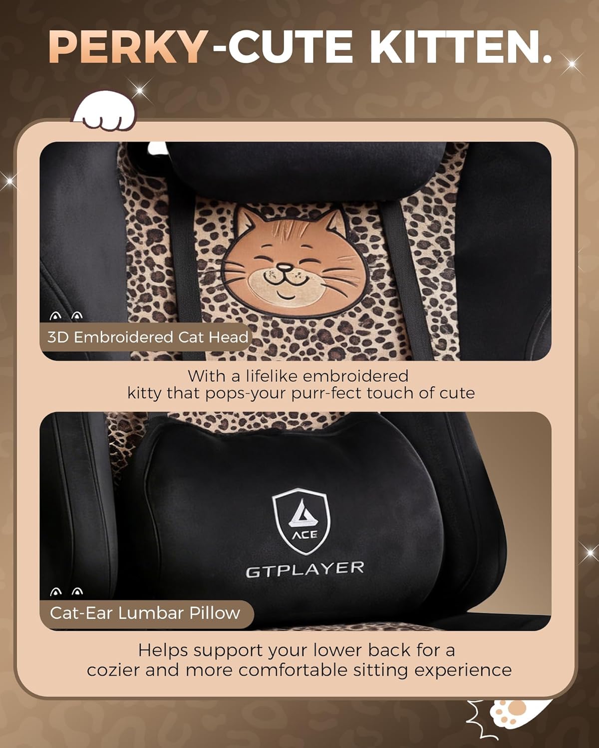 GTPLAYER Gaming Chair with Leopard Print Cat, Cute Velvet Fabric Ergonomic Computer Chair with Footrest Headrest and Lumbar Support, Big and Tall Comfortable Video Gamer Chair for Women Gift