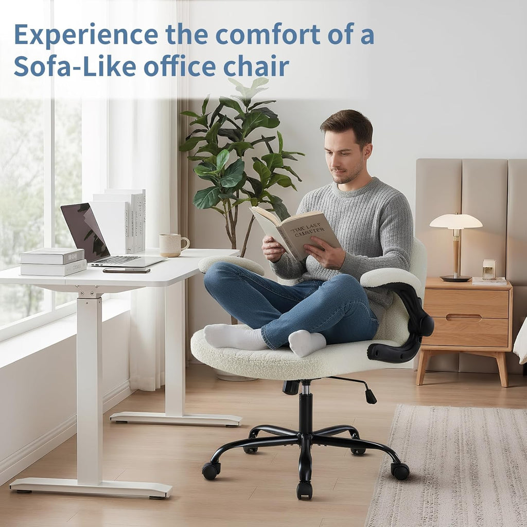 DUMOS Criss Cross Home Office Chair with Wheels, Wide Cross Legged Desk Vanity Chair Comfy Fabric Flip-Up Armrests Adjustable Swivel Chairs for Home Computer Bedroom, Creamy White