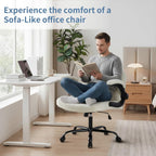 DUMOS Criss Cross Home Office Chair with Wheels, Wide Cross Legged Desk Vanity Chair Comfy Fabric Flip-Up Armrests Adjustable Swivel Chairs for Home Computer Bedroom, Creamy White