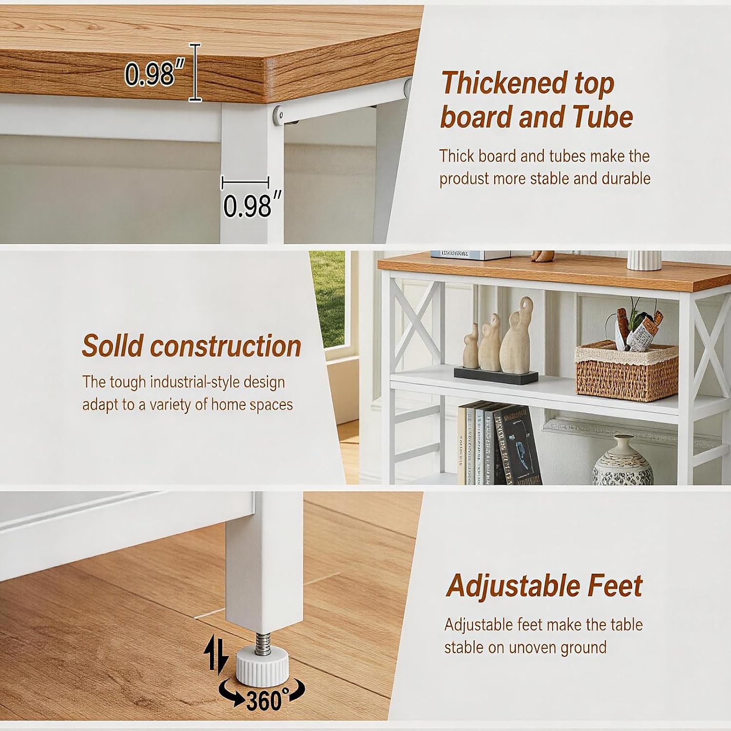 HOMBAZAAR Sofa Table,Industrial Console Table with Storage,Entryway Table with Engineered Wood and Metal,Rustic 3 Tier Shelf for Living Room,Hallway,White and Brown,47 Inch