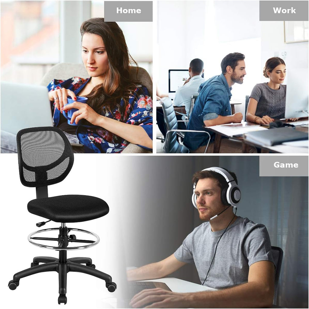 DORTALA Mesh Drafting Chair, St&ing Desk Chair w/Footrest Ring, Adjustable Height Chair Mid Back Tall Office Chair for Home Office, Black