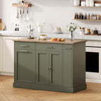 4 EVER WINNER 53" Kitchen Island with Storage, Rolling Kitchen Island with 3-Large Spice Racks and Trash can, Portable Island for Kitchen with Adjustable Shelves, Green