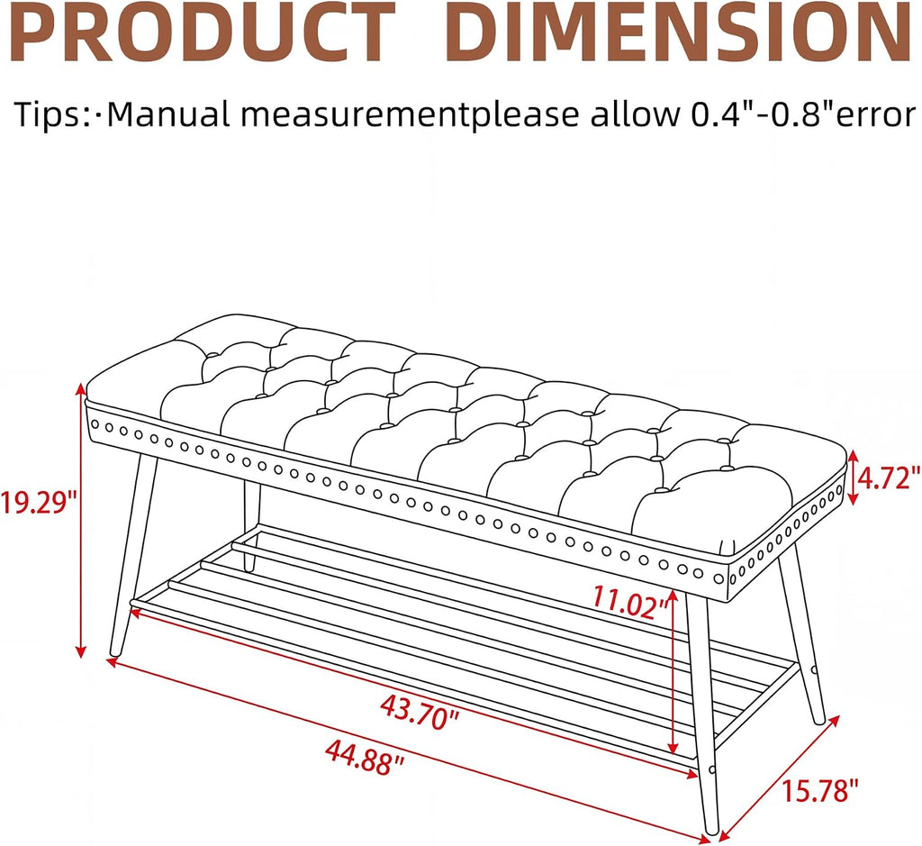 Thick Cushioned Shoe Bench, Entryway Bench with Metal Shoe Rack, Upholstered Tufted Ottoman Bench for Bedroom, End of Bed Bench, Farmhouse Style Storage Bench for Hallway, Living Room, Beige