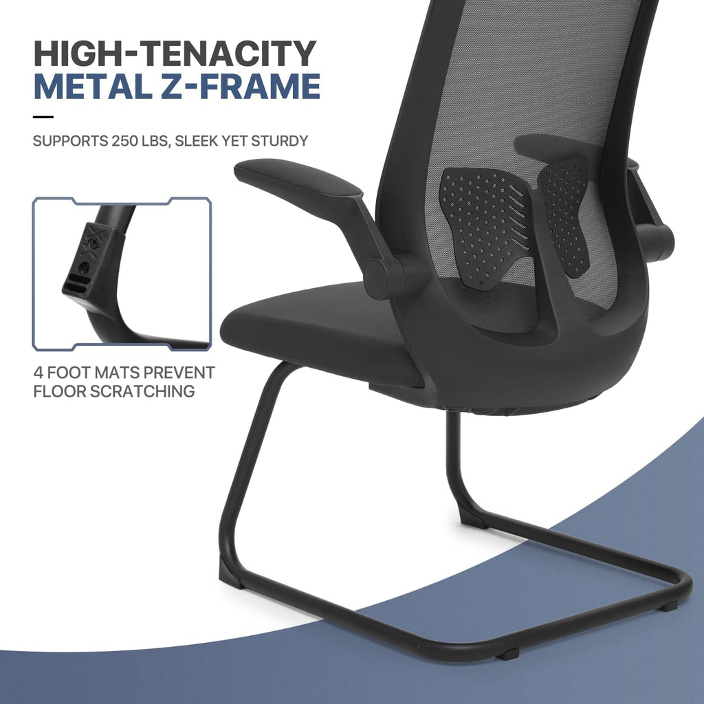 MoNiBloom Office Guest Chair Without Wheels, Executive Reception Chair with Lumbar Support and Sled Base, Mid-Back Mesh Task Chair with Flip-Up Arms for Reception Conference Wait Room, 250 LBS, Black