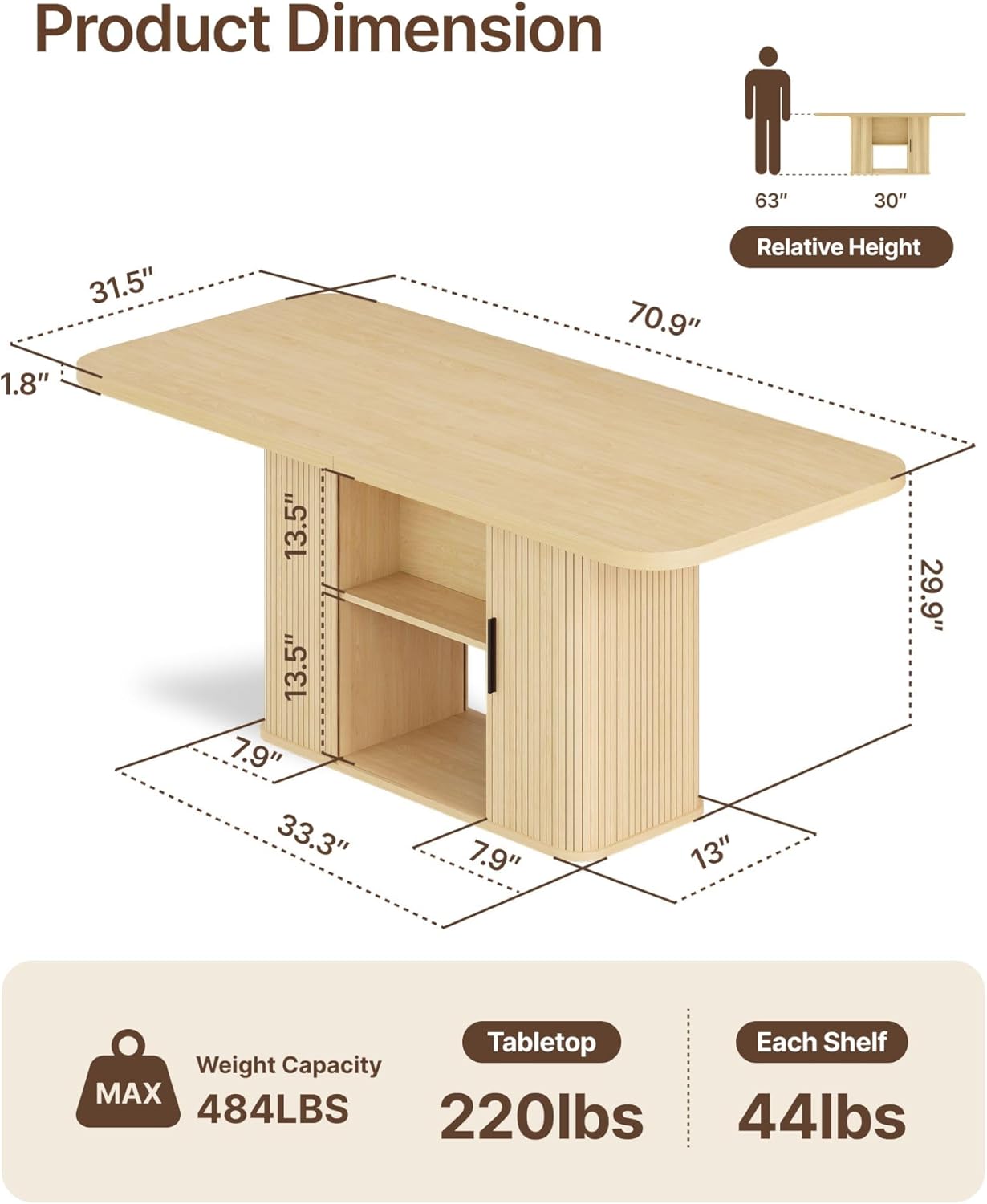 SUNCOZE Mid-Centur Dinner Tables for 4/6/8, 70.9" Rectangle Dining Room Table with Large Tabletop and Sliding Tambour Doors, Fluted Dining Table 2-Layer Storage for Kitchen and Living Room, Wood