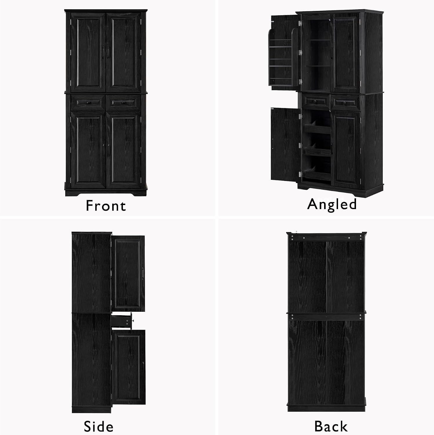 71" Tall Kitchen Pantry Cabinet with 3 Pull Out Organizers, Black Storage Cupboard with 6 Door Shelves, 2 Drawers, Freestanding Pantry for Kitchen Dining Room (Black)