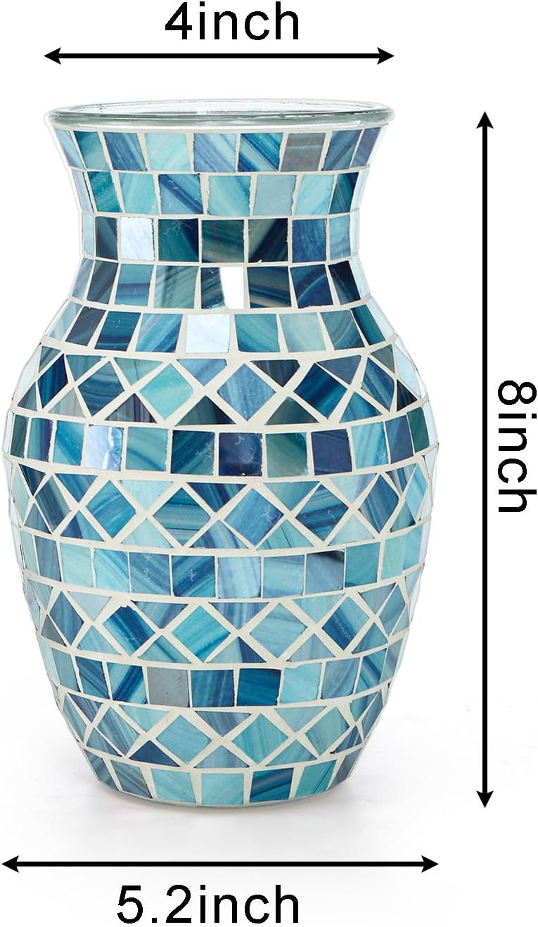 SOUJOY Mosaic Vase, Glass Blue Flower Vases for Centerpieces, Handmade Bud Vase for Wedding Flower Arrangeme, Living Room, Kitchen, Home Decor