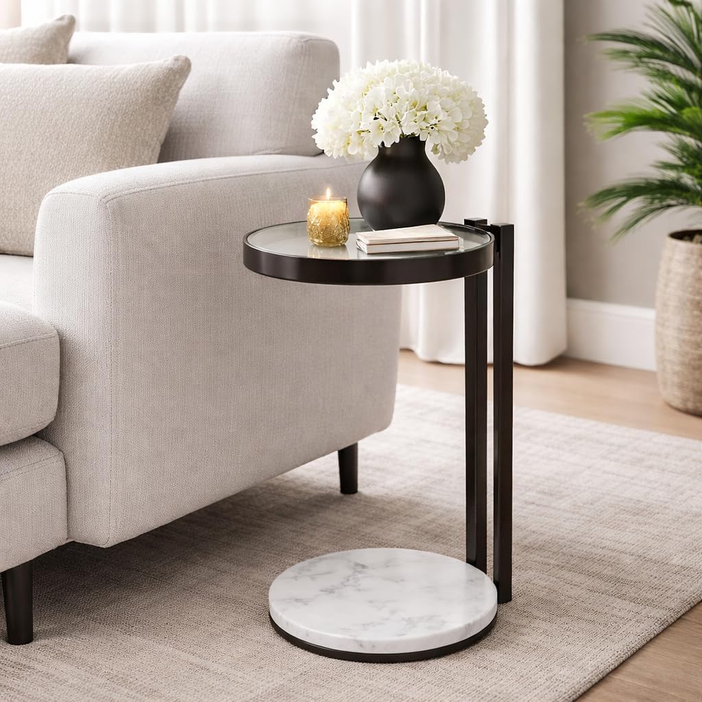 Black Drink Table with Glass Top & White Marble Base | Decorative Modern End Table | Metal Base Side Table | Accent Table for Living Room | 10x10x23.25
