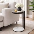 Black Drink Table with Glass Top & White Marble Base | Decorative Modern End Table | Metal Base Side Table | Accent Table for Living Room | 10x10x23.25