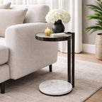 Black Drink Table with Glass Top & White Marble Base | Decorative Modern End Table | Metal Base Side Table | Accent Table for Living Room | 10x10x23.25