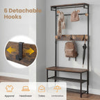 COSTWAY Hall Tree with Bench and Shoe Storage, 4-in-1 Entryway Organizer with 6 Removable Hooks, Top Shelf & Hanging Rod, Industrial Coat Rack for Mudroom Entrance Bedroom Living Room, Rustic Brown