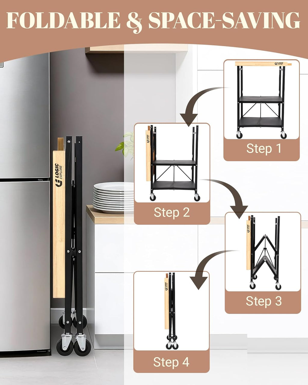 Foldable Kitchen Storage Cart with Solid Oak Top, Heavy-Duty Metal Frame, 3-Tier Rolling Utility Rack, Kitchen Island on Lockable Wheels for Microwave, Toaster Oven & Food Prep
