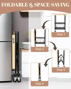 Foldable Kitchen Storage Cart with Solid Oak Top, Heavy-Duty Metal Frame, 3-Tier Rolling Utility Rack, Kitchen Island on Lockable Wheels for Microwave, Toaster Oven & Food Prep