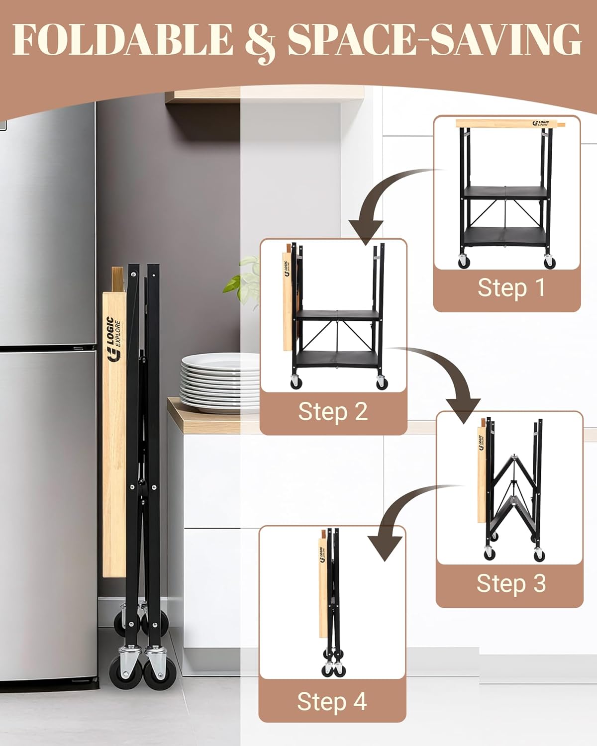 Foldable Kitchen Storage Cart with Solid Oak Top, Heavy-Duty Metal Frame, 3-Tier Rolling Utility Rack, Kitchen Island on Lockable Wheels for Microwave, Toaster Oven & Food Prep