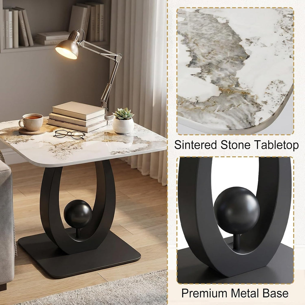Modern Side Table with Sintered Stone Top, Small End Table with Open Storage Shelf Coffee Table Narrow Bedside Tables for Living Room, Bedroom, Couch, Nightstand(Black2,19.7"x19.7"x21.7")