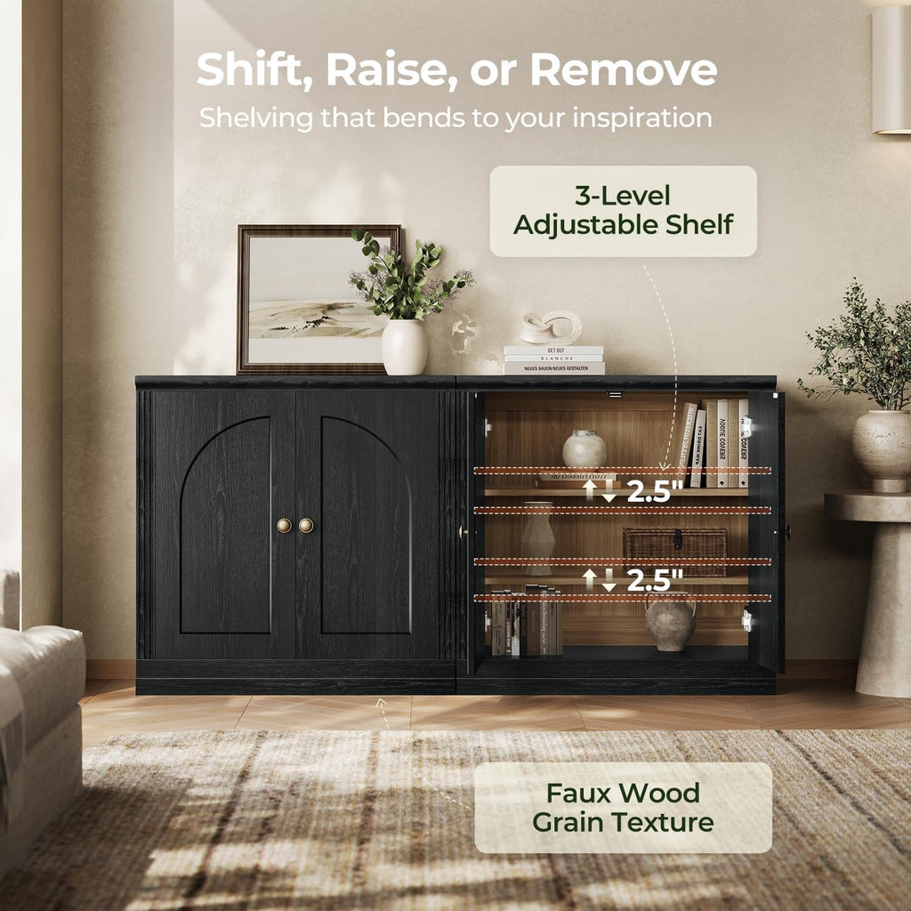 CHIC HOUSE Monos Storage Cabinet with Doors & Shelves, Modular Fluted Accent Arched Cabinet, Sideboard Buffet Coffee Bar Kitchen Pantry Cabinet, Media Console Credenza for Living Room, Black