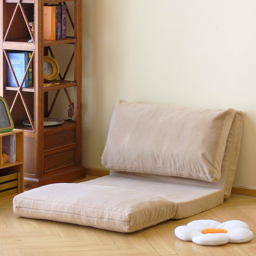 N&V Folding Matress Sofa Bean Bag Bed, Foam Filling Folding Matress Sofa, Includes Removable and Machine Washable Cover, Soft Premium Faux Fur (Small, Champagne)
