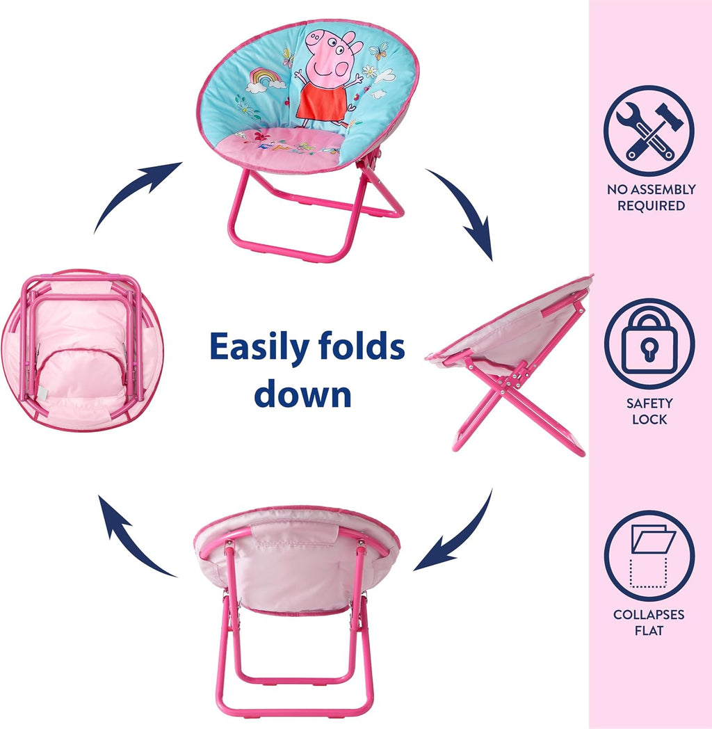 Idea Nuova 19” Folding Saucer Chair for Bedroom, Playroom, or TV Room, Toddler Chair with Foldable Metal Frame, Portable & Comfortable,Ages 3+,Peppa Pig