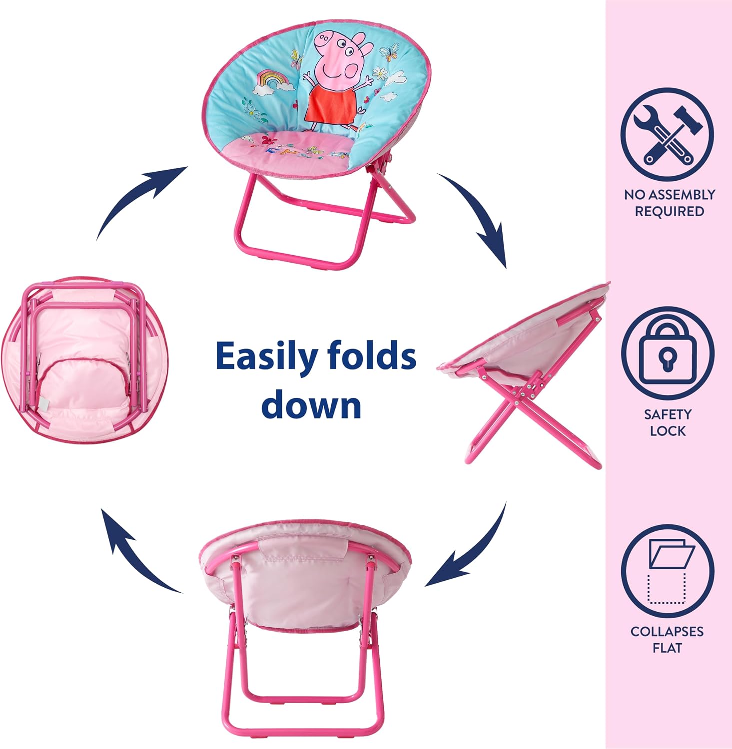 Idea Nuova 19” Folding Saucer Chair for Bedroom, Playroom, or TV Room, Toddler Chair with Foldable Metal Frame, Portable & Comfortable,Ages 3+,Peppa Pig