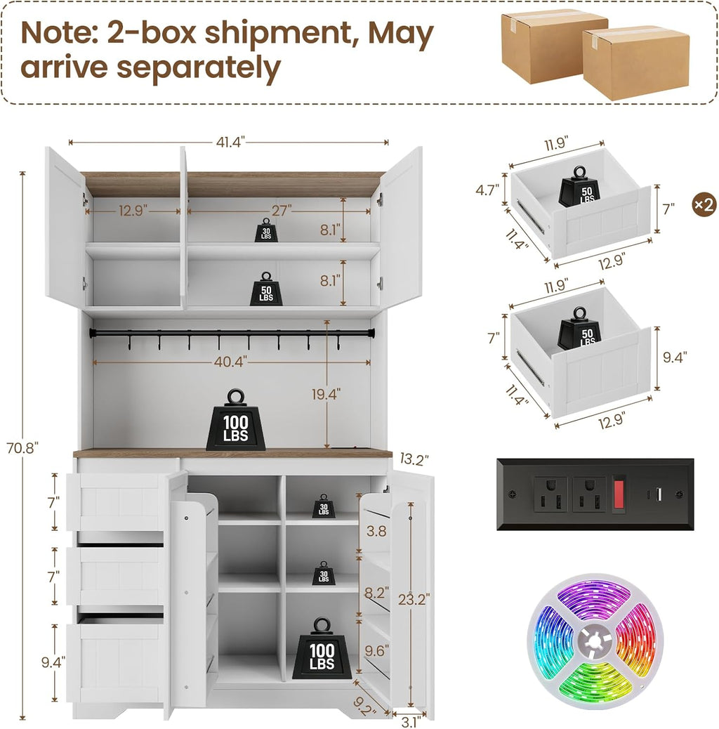 70.8'' LED Pantry Cabinet with Charging Station, Tall Kitchen Pantry Storage Cabinet with Countertop & Cup Hooks, Farmhouse Kitchen Hutch with Storage Drawers for Dining Room, White