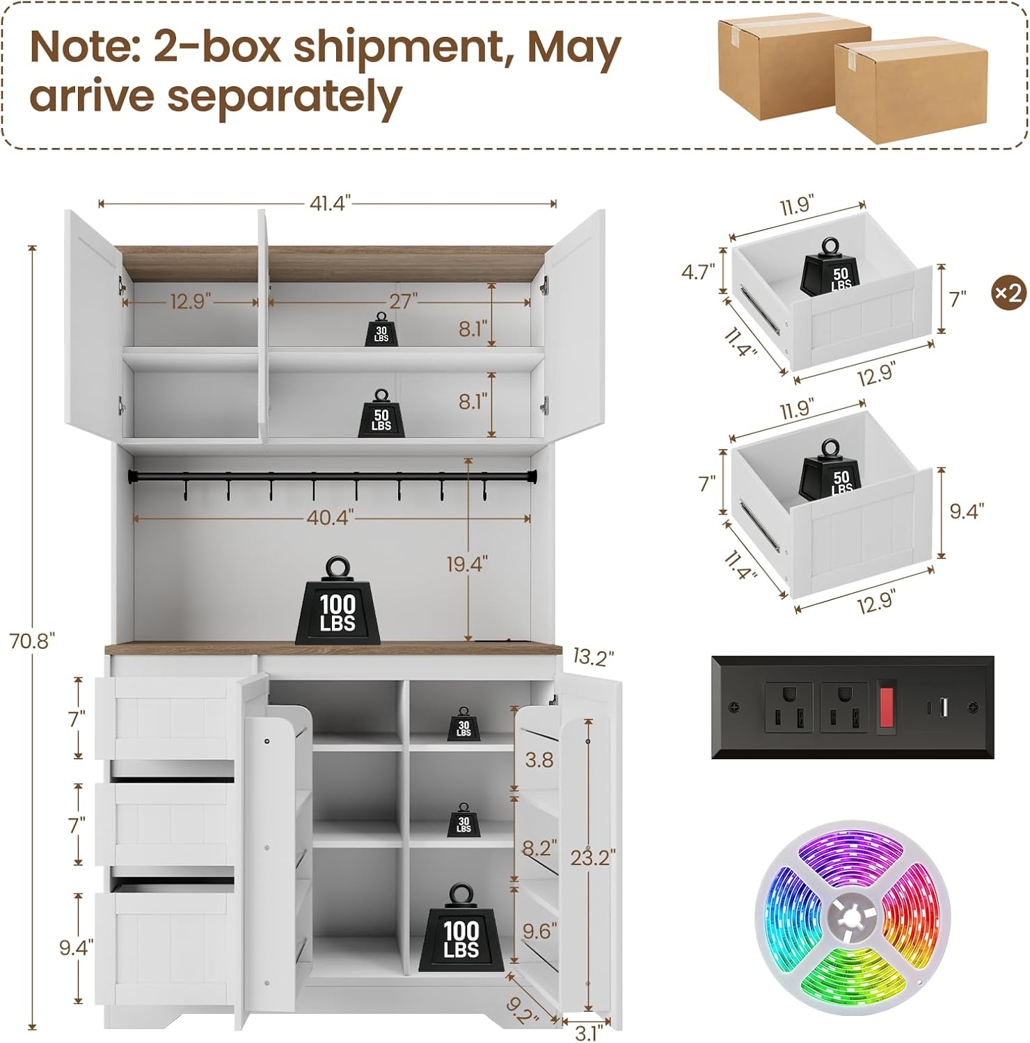 70.8'' LED Pantry Cabinet with Charging Station, Tall Kitchen Pantry Storage Cabinet with Countertop & Cup Hooks, Farmhouse Kitchen Hutch with Storage Drawers for Dining Room, White