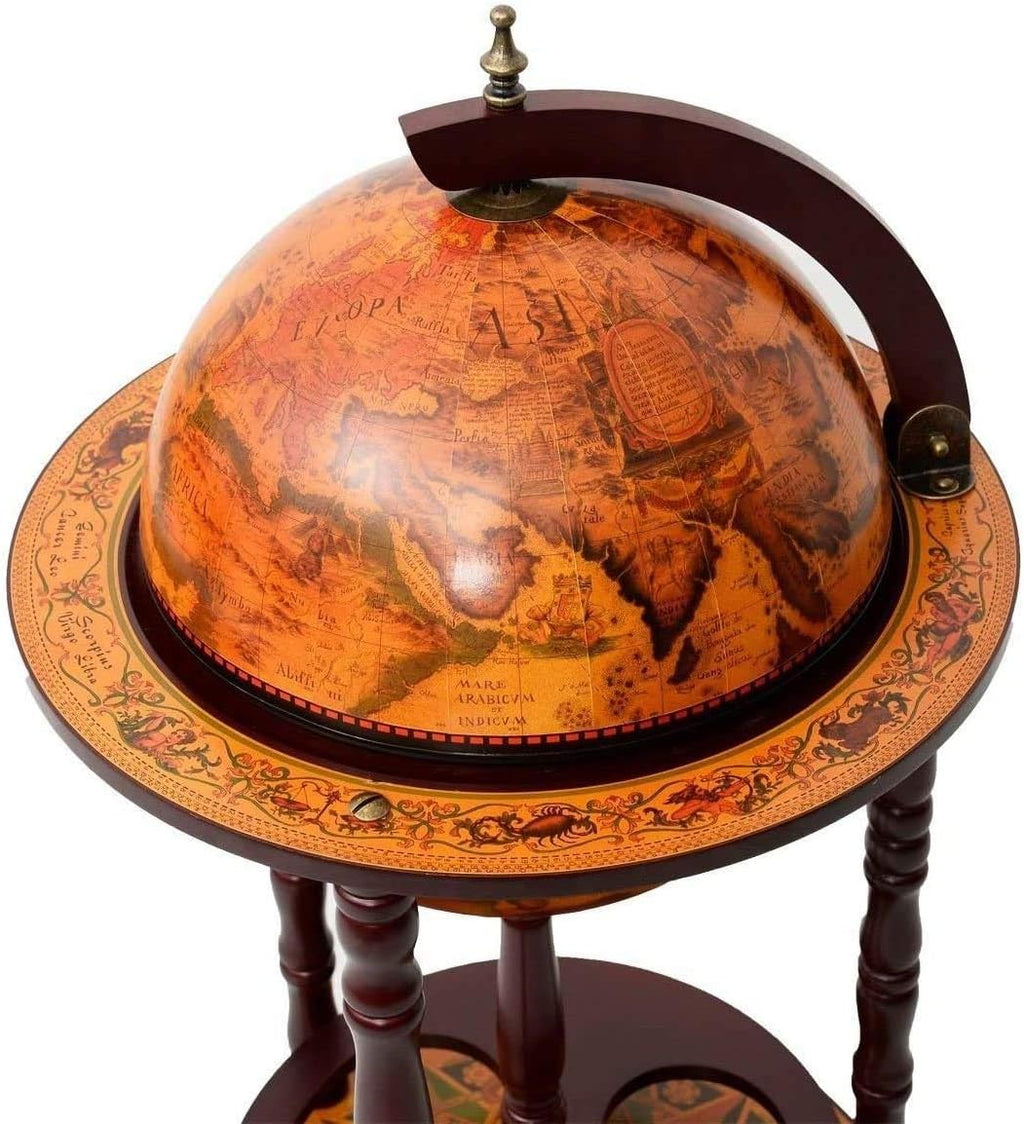 17" Wooden Globe Wine Rack, Wooden Globe Wine Bar Stand, Freely Movable Stable Liquor Bottle Shelf, Nautical Chart Wine Storage Cabinet, 16th Century Retro Wine Cupboard, Retro Brown