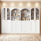Cyclysio 80" Tall Pantry Cabinet with 3 Drawers, Arched Kitchen Storage Cabinets with 3-Tier Open Shelves and Glass Doors, Wood Floor Cupboard with Seamless Fit Wall for Living Room, Kitchen