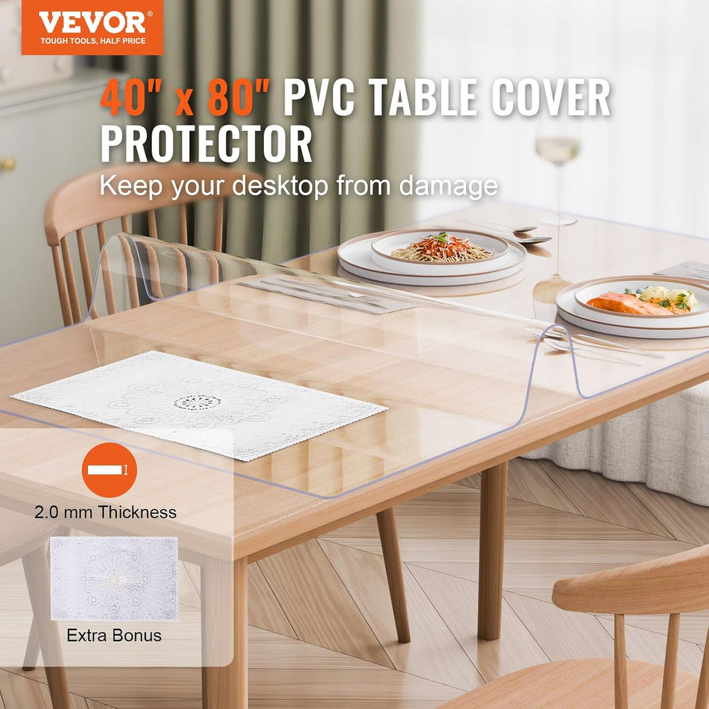 VEVOR Plastic Table Cover, 40 x 80 Inch 2.0 mm Thick Rectangle Clear PVC Mat Protector, Waterproof & Easy Cleaning Desk Pad Tablecloth, for Office, Dresser, Dining Room, Night Stand
