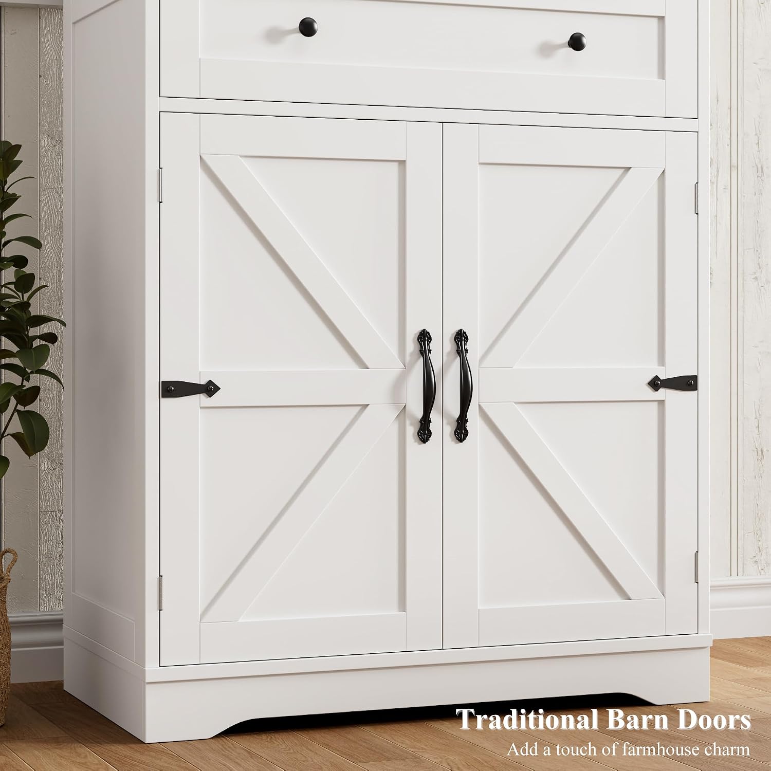 HOSTACK 71" Tall Pantry Cabinet, Farmhouse Kitchen Pantry with Storage Shelves, Barn Doors Food Storage Cabinet, Freestanding Kitchen Hutch with Large Drawer for Living Room, White + Rustic Brown