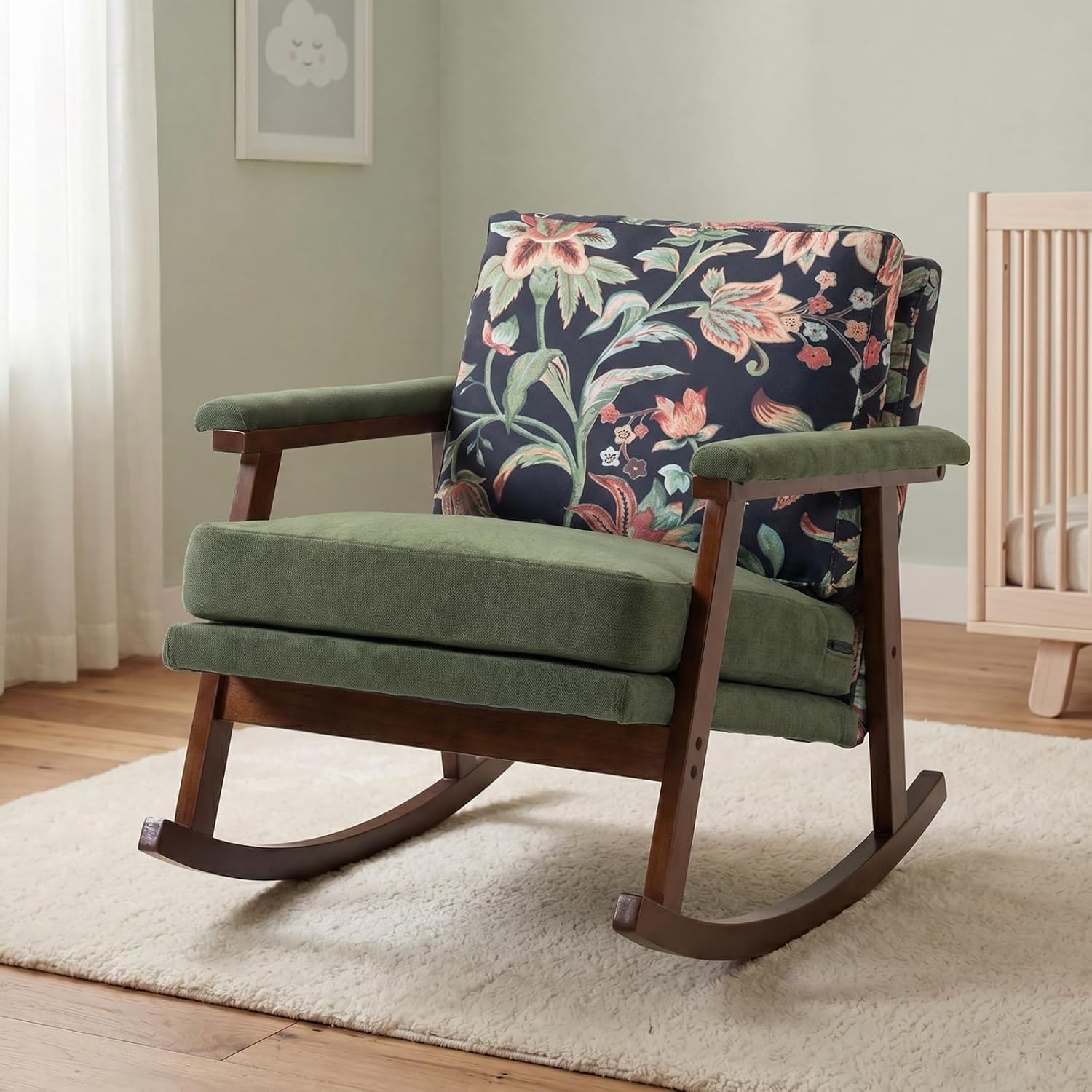Nursery Rocking Chair, Compact Upholstered Rocker with Solid Wood Legs, Cozy Nursing Glider Chair for Mom, Small Space Chair for Nursery, Bedroom (Olive Green Floral)