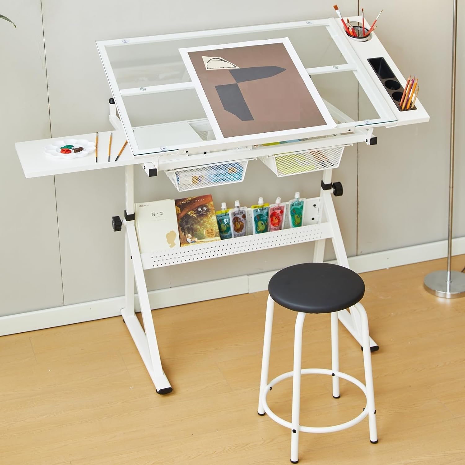 GarveeHome Drafting Table w/Stool, Height Adjustable Multifunctional Art Craft Artists Desk Tilting Glass Tabletop Diamond Paintings Work Station w/2 Storage Drawers for Home Office, White