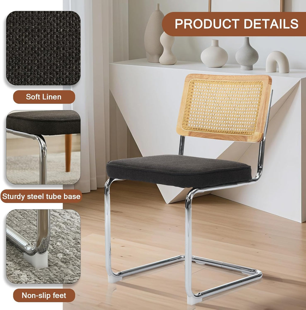Rattan Back Linen Dining Chair Set of 6 Modern Stainless Chrome Base Armless Upholstered Side Chair for Dining Room, Kitchen Island,Black
