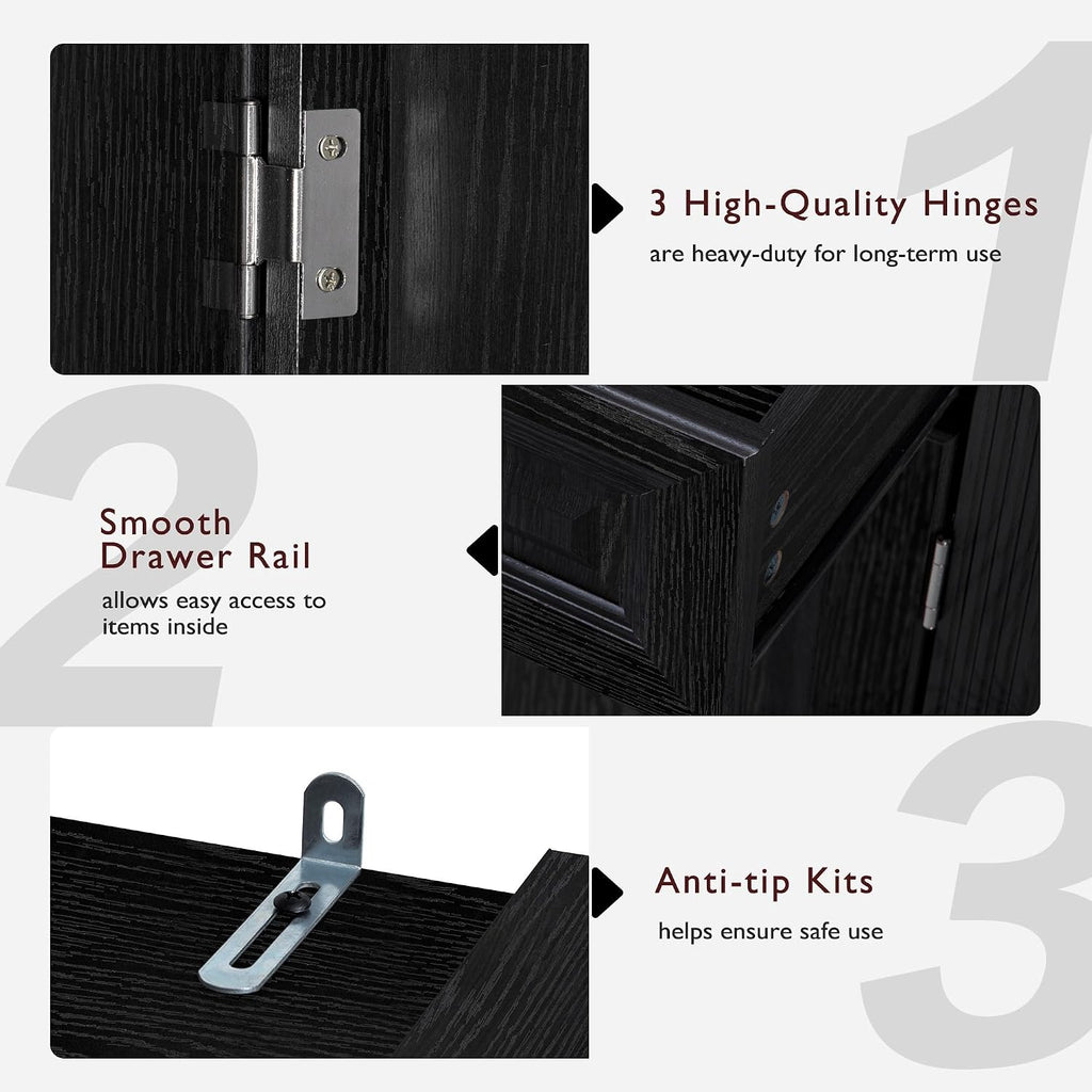 SOFTSEA Kitchen Pantry Cabinet with 6 Door Shelves and 2 Drawers, Farmhouse Embossed Texture Cupboard Cabinet with 3 Pull Out Organizers, Kitchen Hutch for Dining Room Living Room, Black