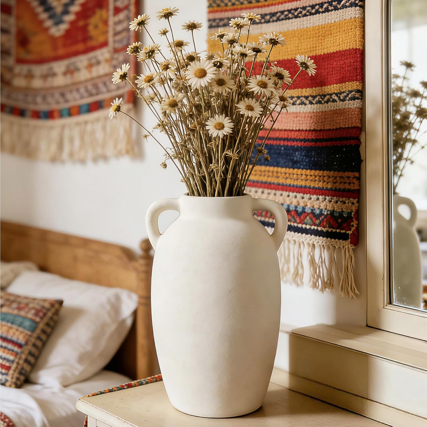 White Ceramic Vase-Boho Decorative Vase,Terracotta Tall Vases Decorative Pottery are Suitable for Decorating Living Rooms,Kitchens,and Bedrooms.