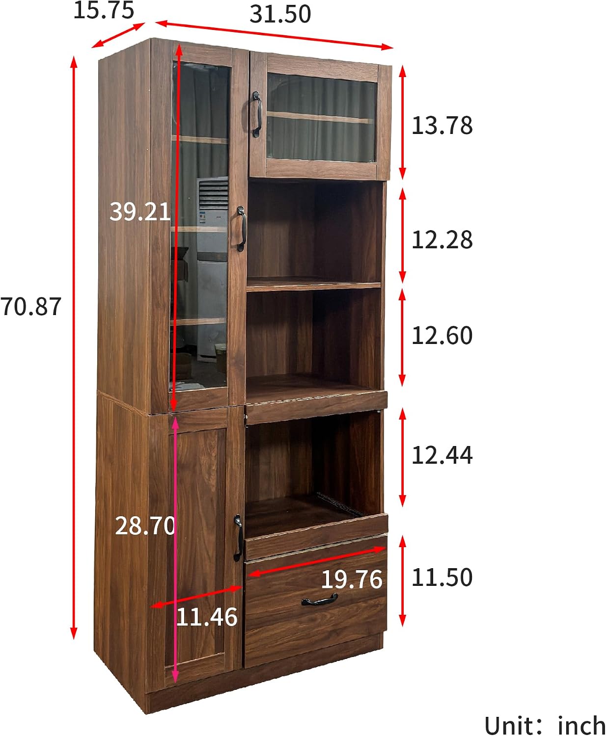 KEIKI 70.87" H Tall Kitchen Pantry Storage Cabinet with Countertop, Glass Doors, Drawers, Microwave Stand & Pull-Out Shelf, Freestanding Wood Hutch Food Pantries Cupboard for Coffee Bar, Dining Room