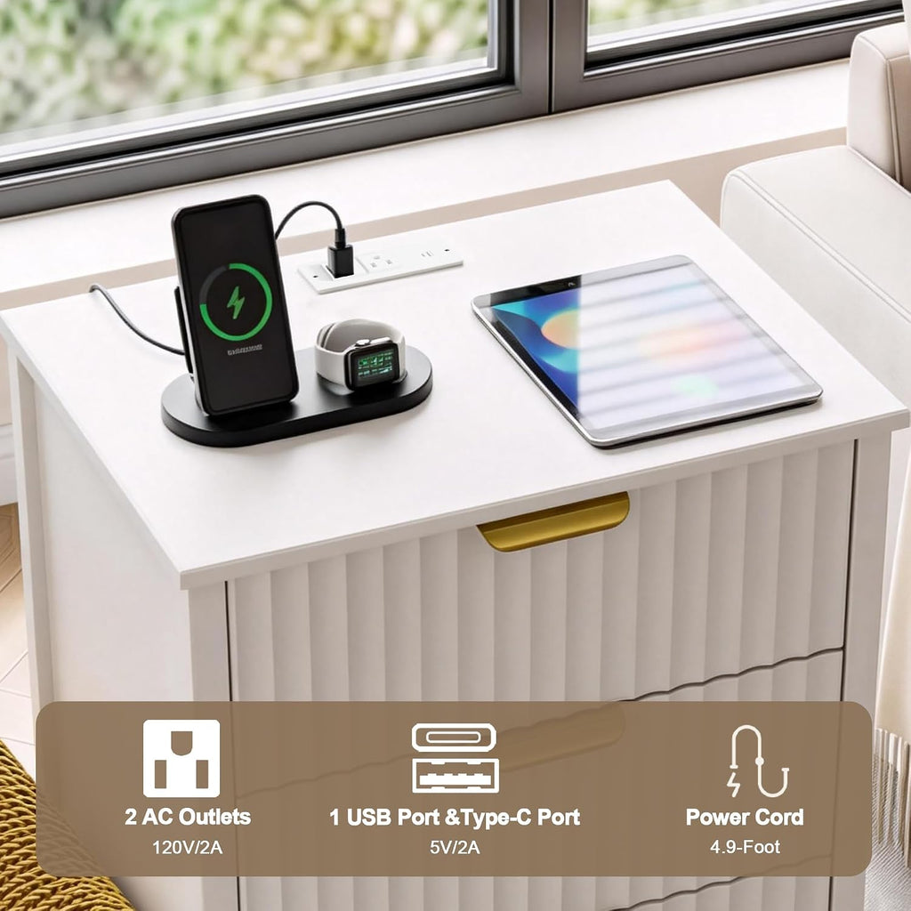 Fluted Nightstand with Charging Station and 3 Drawers | Metal Handles, Large Bedside Table, Bedroom, Charging Stations With USB-C Port, White