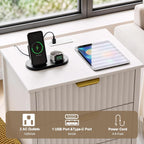 Fluted Nightstand with Charging Station and 3 Drawers | Metal Handles, Large Bedside Table, Bedroom, Charging Stations With USB-C Port, White