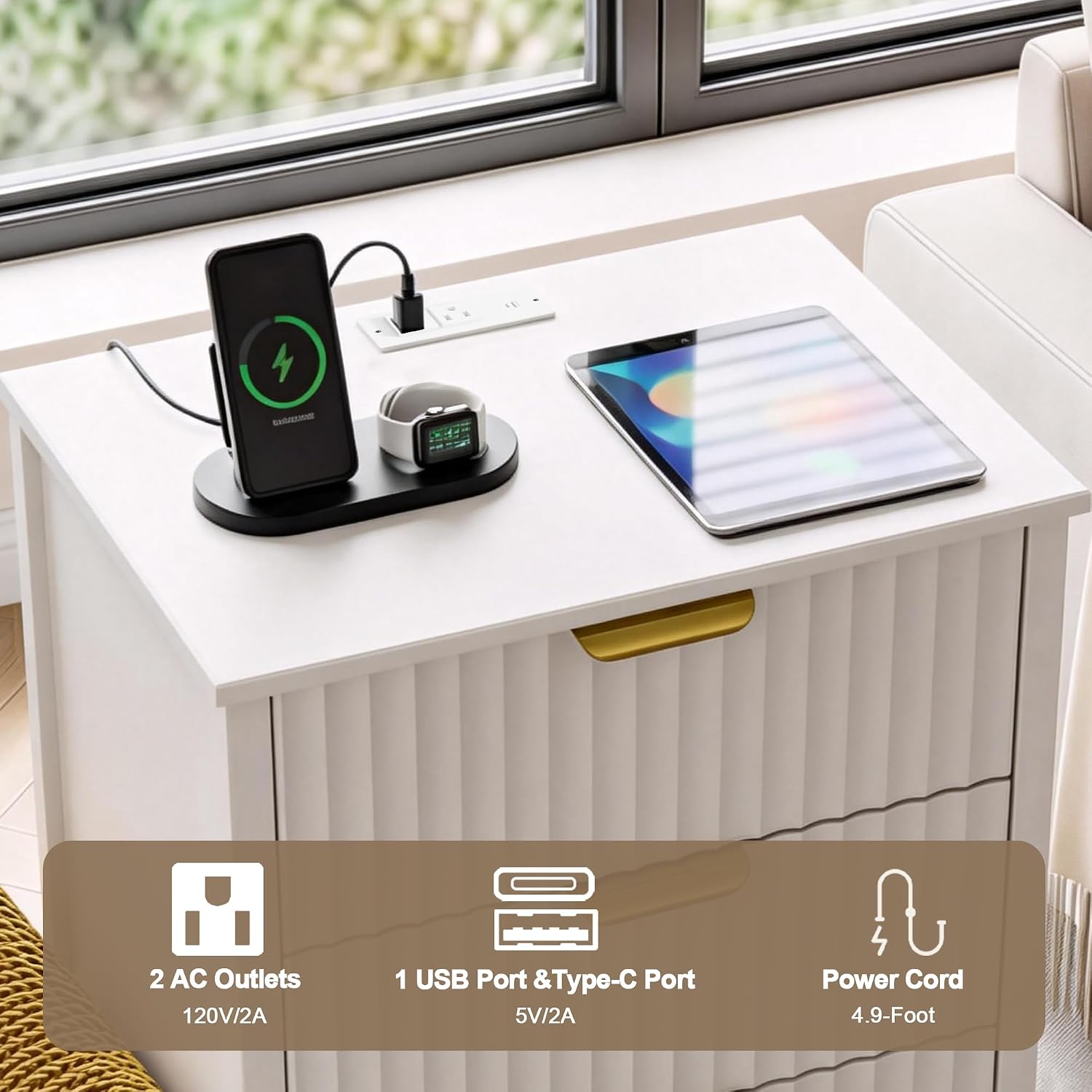 Fluted Nightstand with Charging Station and 3 Drawers | Metal Handles, Large Bedside Table, Bedroom, Charging Stations With USB-C Port, White