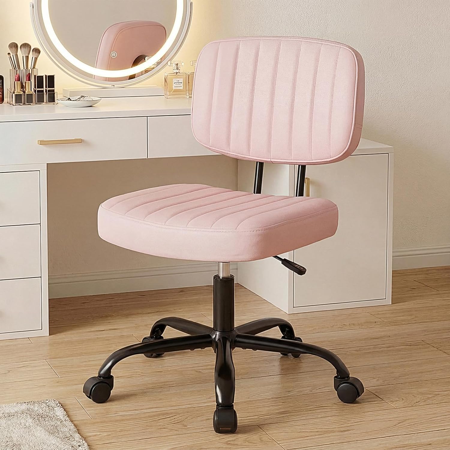 DUMOS Armless Home Office Executive Chair - Small Desk Chair with Low Back Lumbar Support, Height Adjustable PU Leather Computer Task Chair with 360° Swivel Wheels, for Adults, Pink