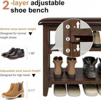 Shoe Bench Storage with Leather Cushion, Rustic Solid Wood Entryway Bench with 2 Height-Adjustable and Removable Shelves for Hallway, Living Room, Mudrooms (Dark Brown,47.2")
