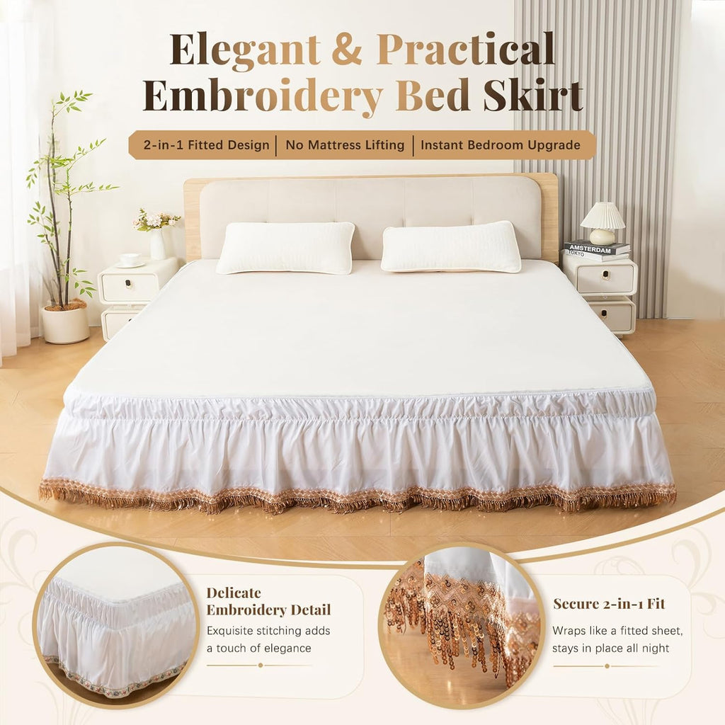 Wrap Around Ruffle Bed Skirt, Queen Size Beds Skirts, Bedskirt Elastic Dust Ruffled with Adjustable Belts, Tassel and Embroidered Bed Frame Cover (Tassel, 59"×79")