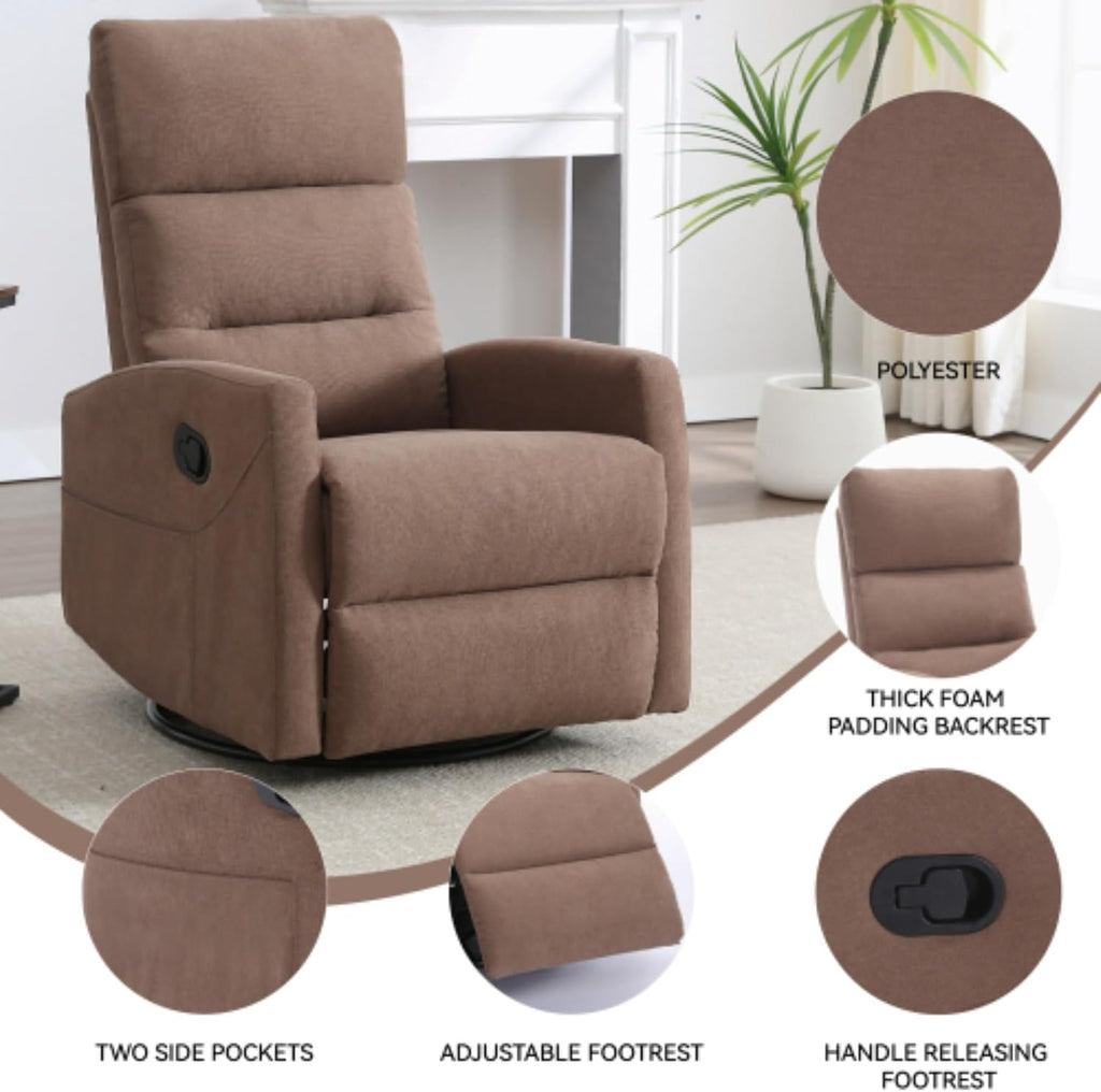 Manual Swivel Rocking Recliner Chair, Fabric Upholstered Glider Seat with 155 Degree Backrest Adjustment, Side Pull Handle, Foam Cushioned Support, Pocket Storage, Living Room Nursery (Brown)