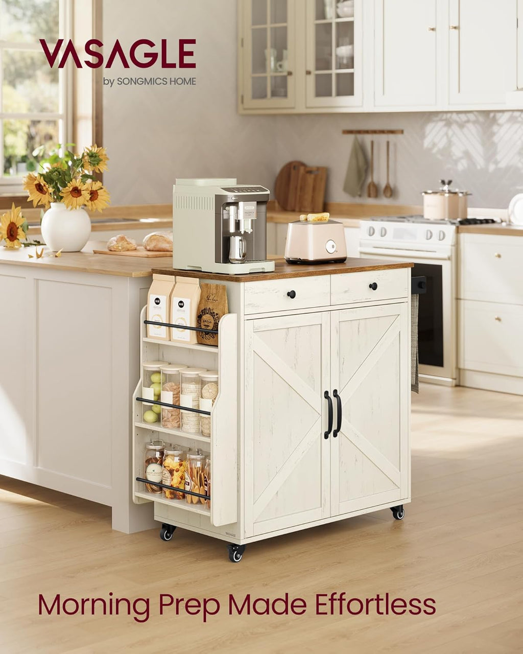 VASAGLE Mobile Kitchen Island, Portable Island with Spice Rack, Mobile Cart with Storage Cabinet, 17.7 x 36.5 x 36 Inches, for Dining Room, Rustic White and Honey Brown UKKI008W01