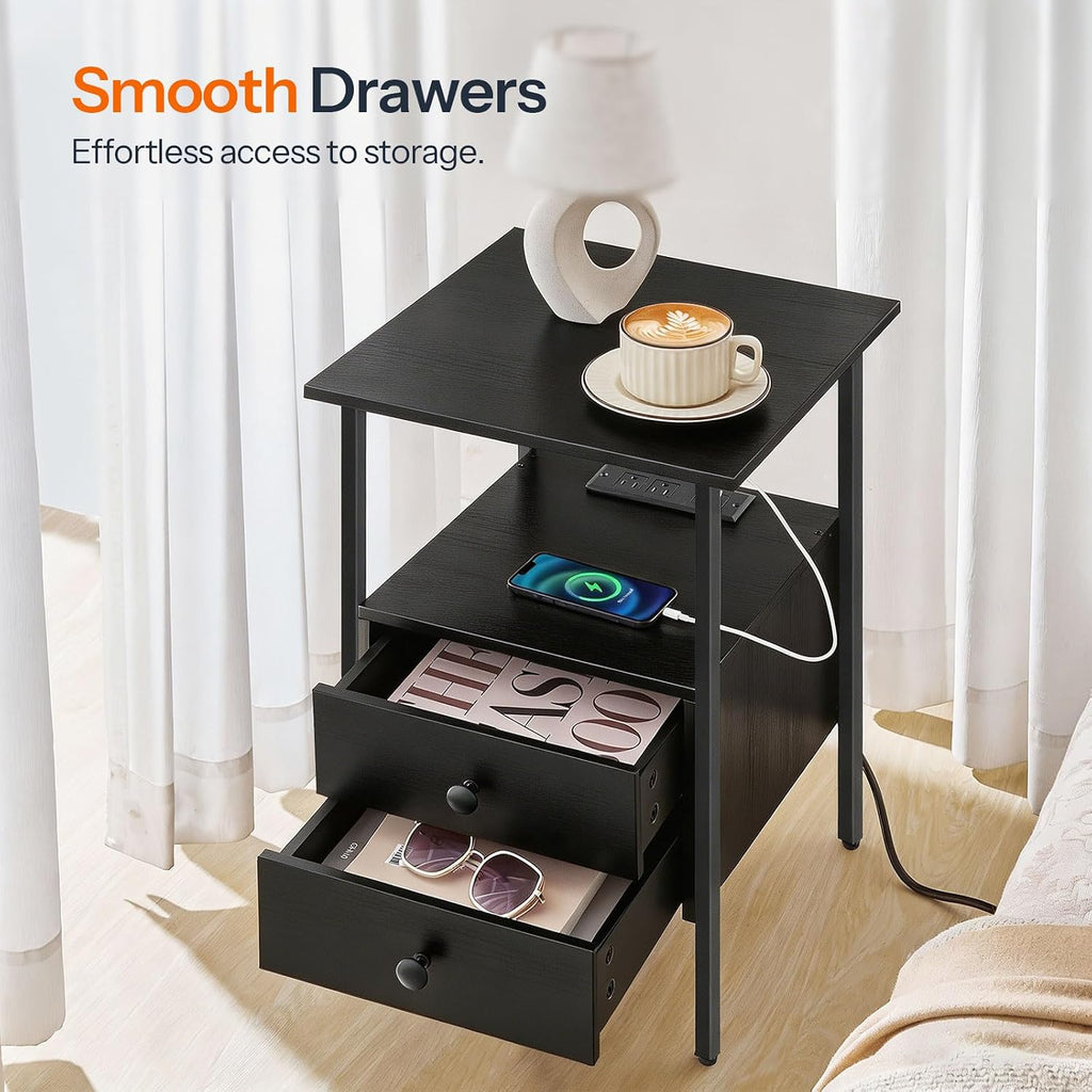 HOOBRO End Table with Charging Station, Bedside Table with 2 Drawer & USB Port & Type-C Port, Nightstand for Small Spaces, Stable and Sturdy, for Living Room, Black BB43UBZ01